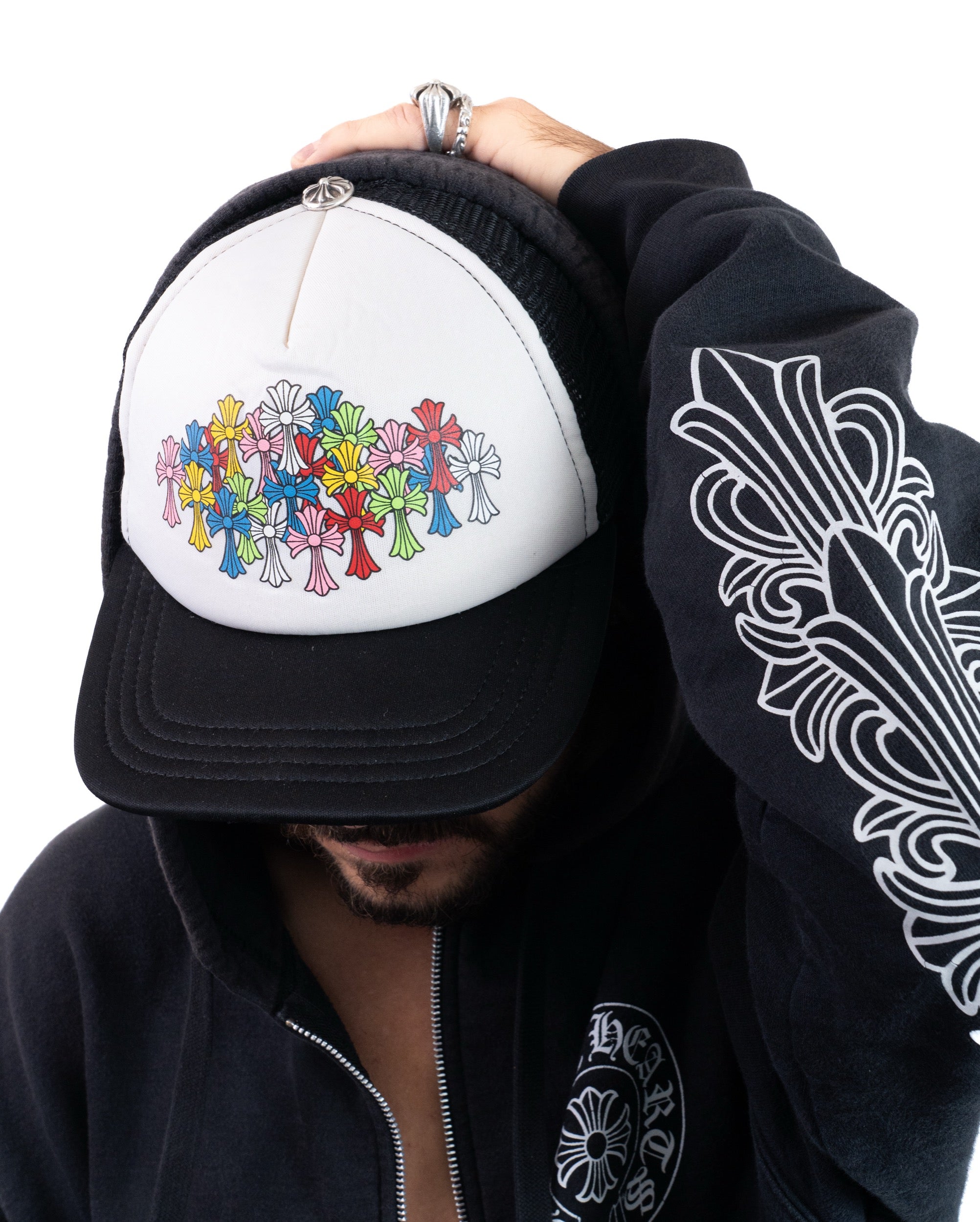 Chrome Hearts “Multicolor Cemetery Cross” White/Black Trucker Cap