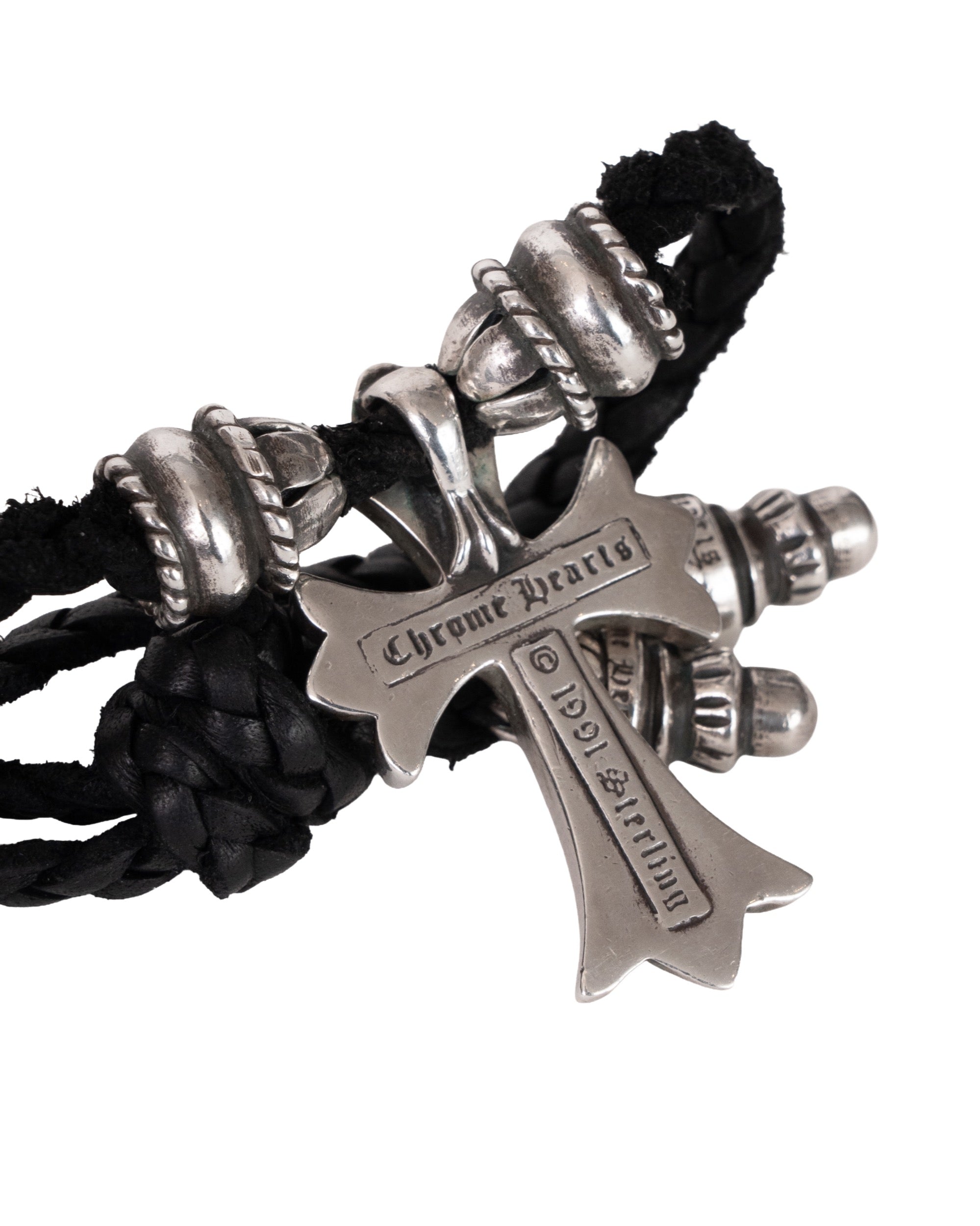 Chrome Hearts Small Cross Leather Braid Necklace