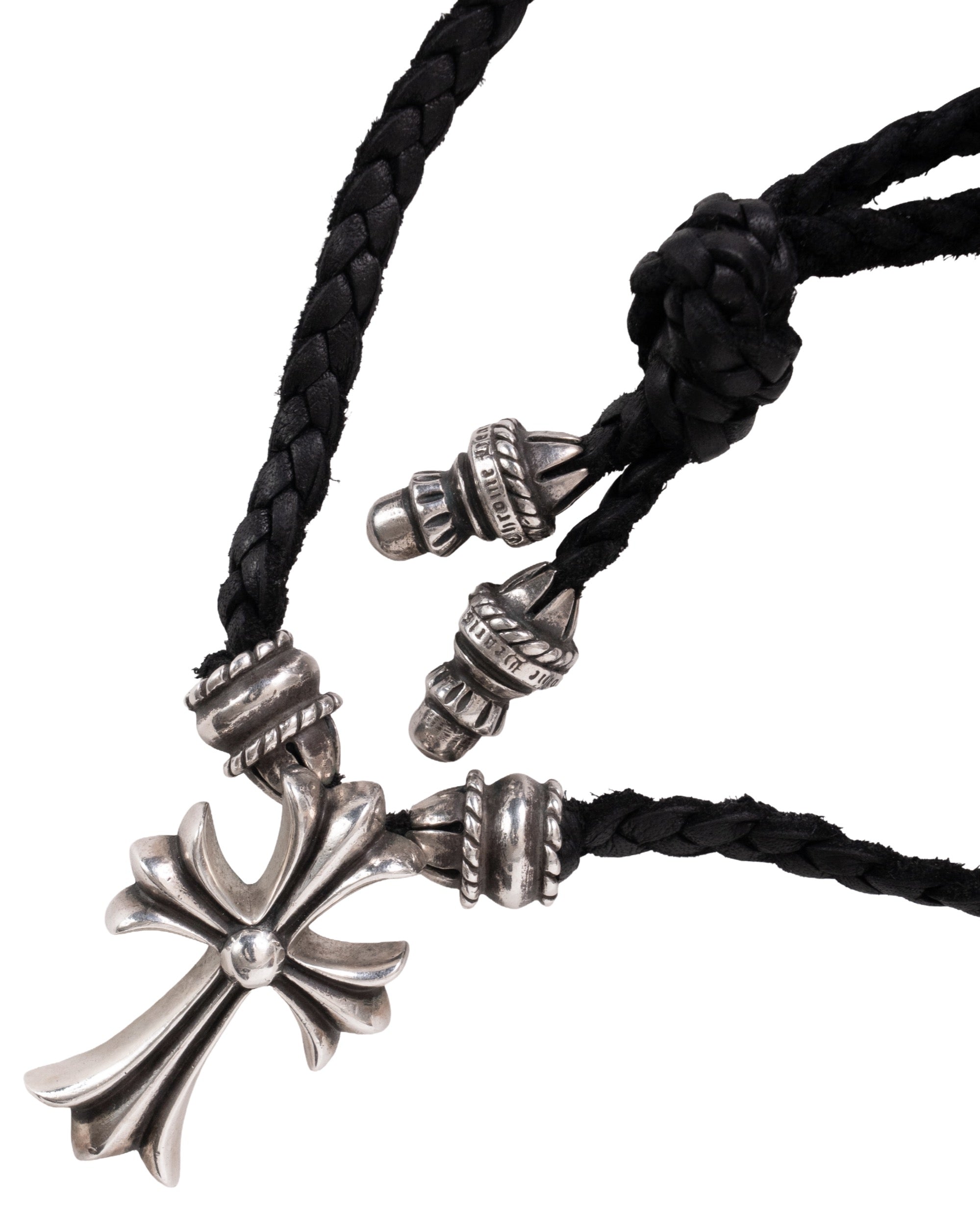 Chrome Hearts Small Cross Leather Braid Necklace